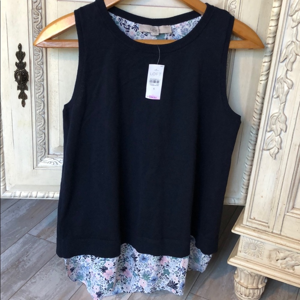 LOFT Navy Knit Sleeveless & Floral-Print Top.1942 - Picture 2 of 5